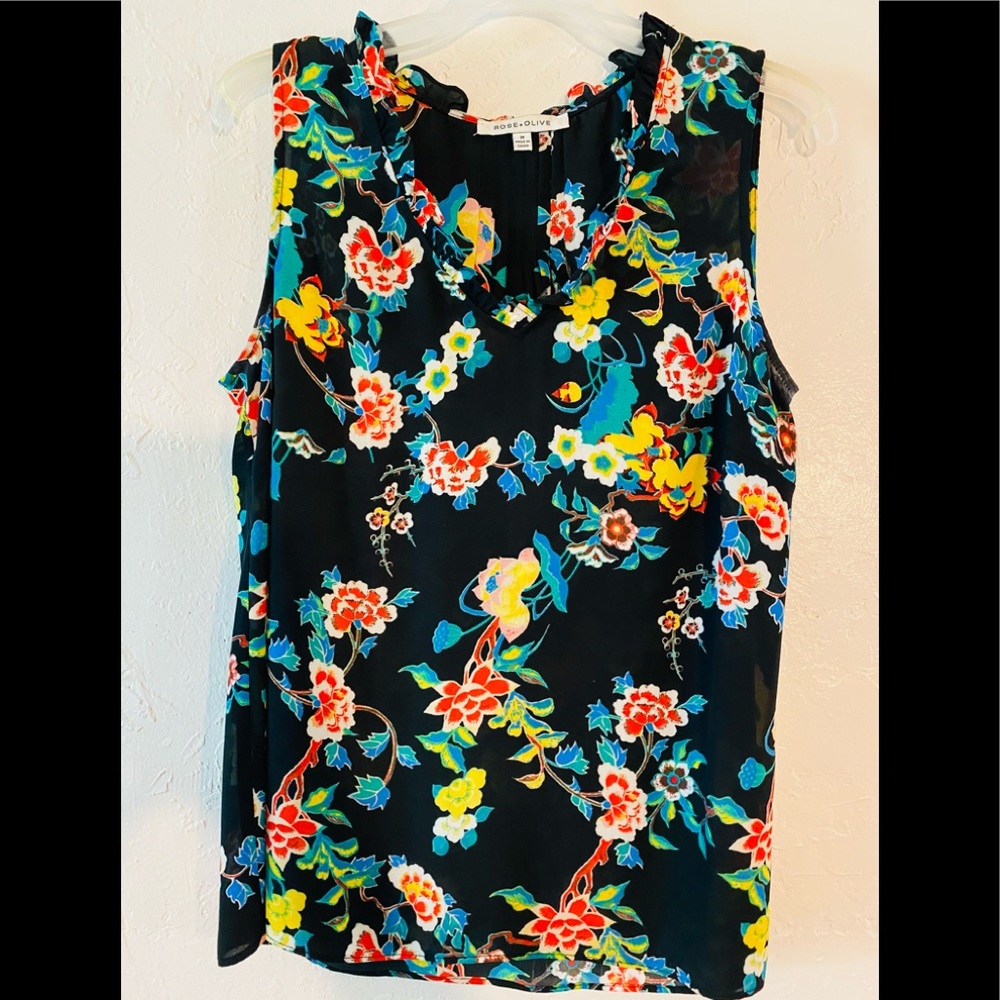 Rose and Olive sleeveless, colorful blouse
